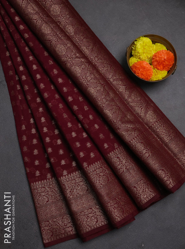 Semi chiniya silk saree wine shade with allover thread & zari woven buttas and woven border