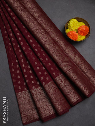 Semi chiniya silk saree wine shade with allover thread & zari woven buttas and woven border