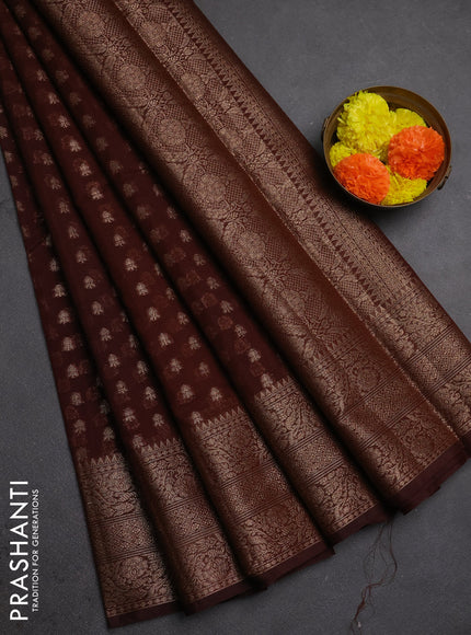Semi chiniya silk saree coffee brown with allover thread & zari woven buttas and woven border