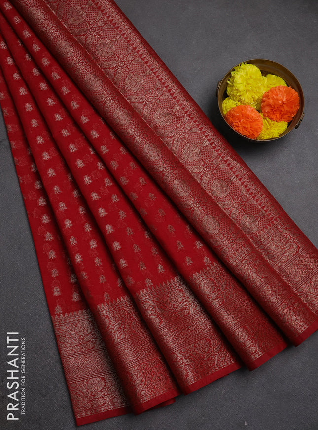 Semi chiniya silk saree red with allover thread & zari woven buttas and woven border