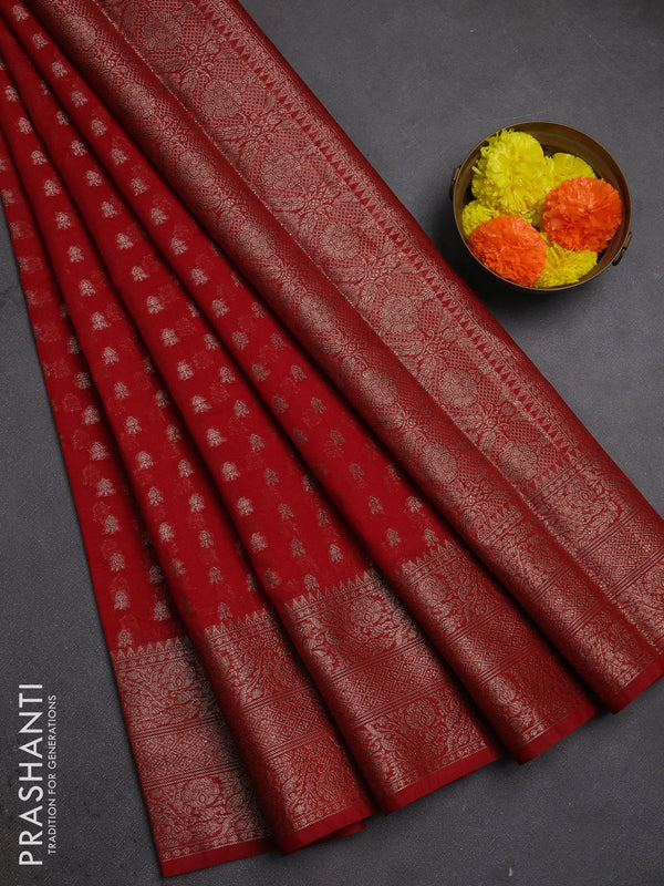 Semi chiniya silk saree red with allover thread & zari woven buttas and woven border