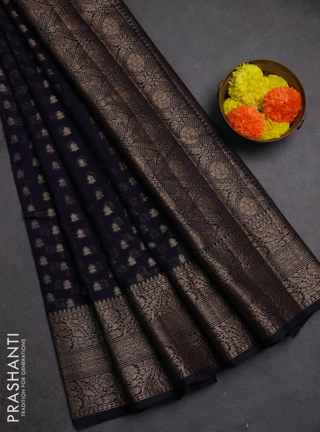 Semi chiniya silk saree deep navy blue with allover thread & zari woven buttas and woven border
