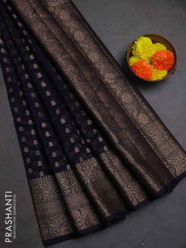 Semi chiniya silk saree deep navy blue with allover thread & zari woven buttas and woven border