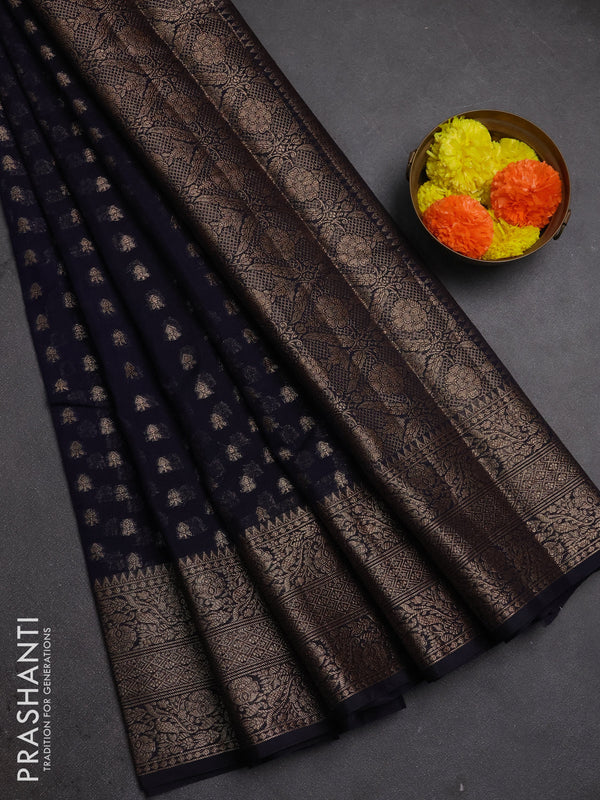 Semi chiniya silk saree deep navy blue with allover thread & zari woven buttas and woven border