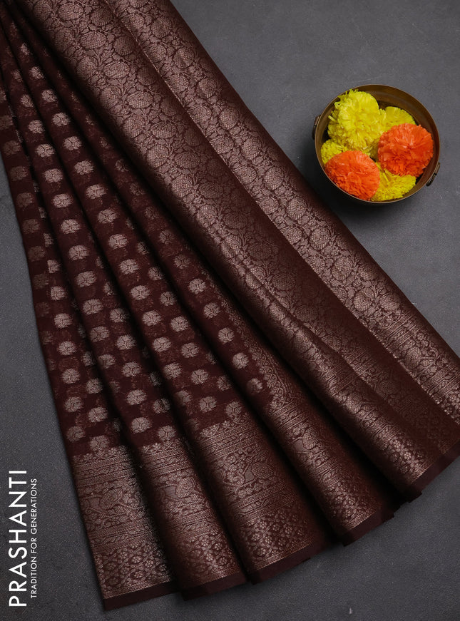 Semi chiniya silk saree coffee brown with allover thread & zari woven buttas and woven border