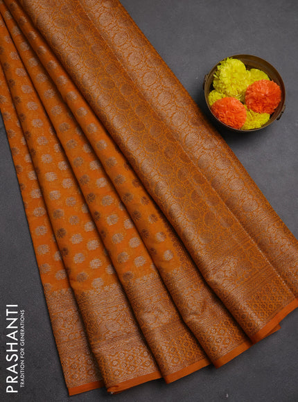 Semi chiniya silk saree dark mustard with allover thread & zari woven buttas and woven border