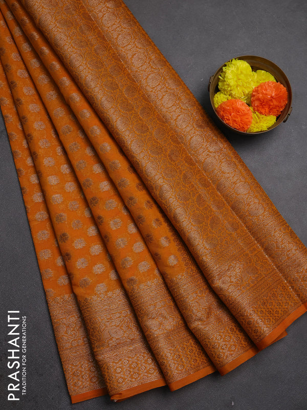Semi chiniya silk saree dark mustard with allover thread & zari woven buttas and woven border