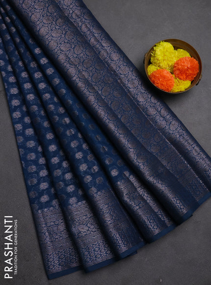 Semi chiniya silk saree peacock blue with allover thread & zari woven buttas and woven border