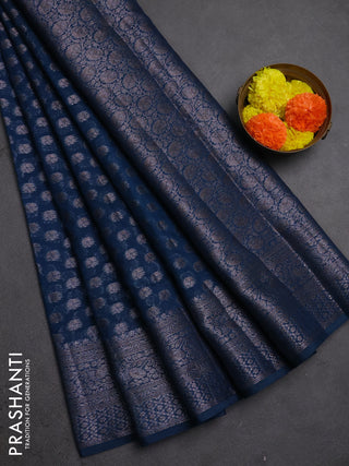 Semi chiniya silk saree peacock blue with allover thread & zari woven buttas and woven border