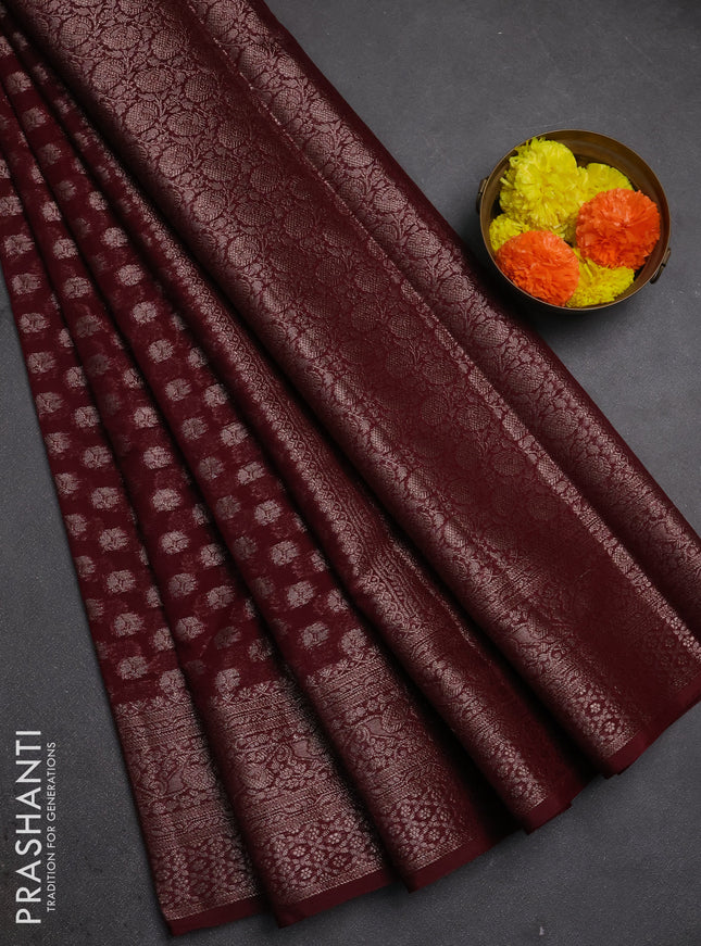 Semi chiniya silk saree deep wine with allover thread & zari woven buttas and woven border