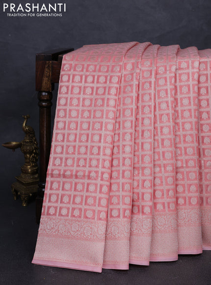 Banarasi silk cotton saree peach pink with allover thread & zari checks & buttas and thread & zari woven border