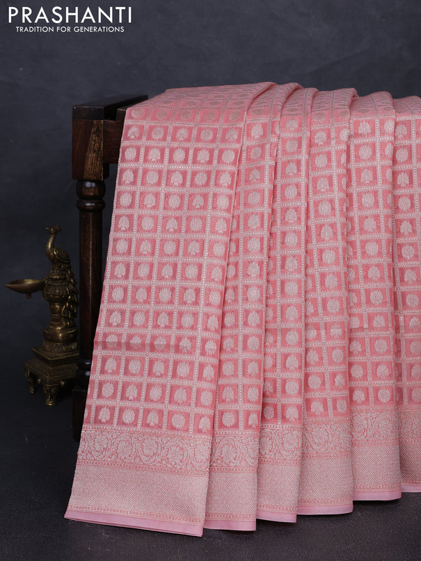 Banarasi silk cotton saree peach pink with allover thread & zari checks & buttas and thread & zari woven border