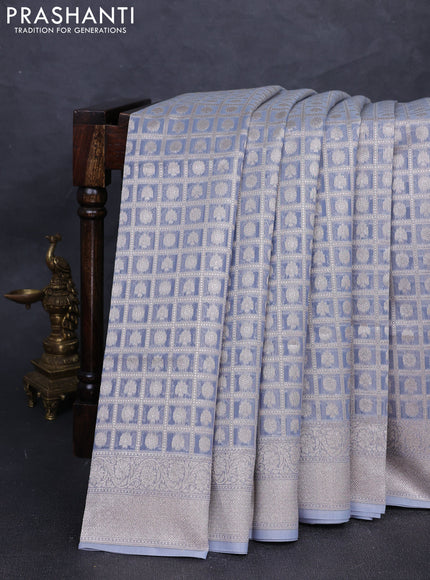 Banarasi silk cotton saree grey with allover thread & zari checks & buttas and thread & zari woven border