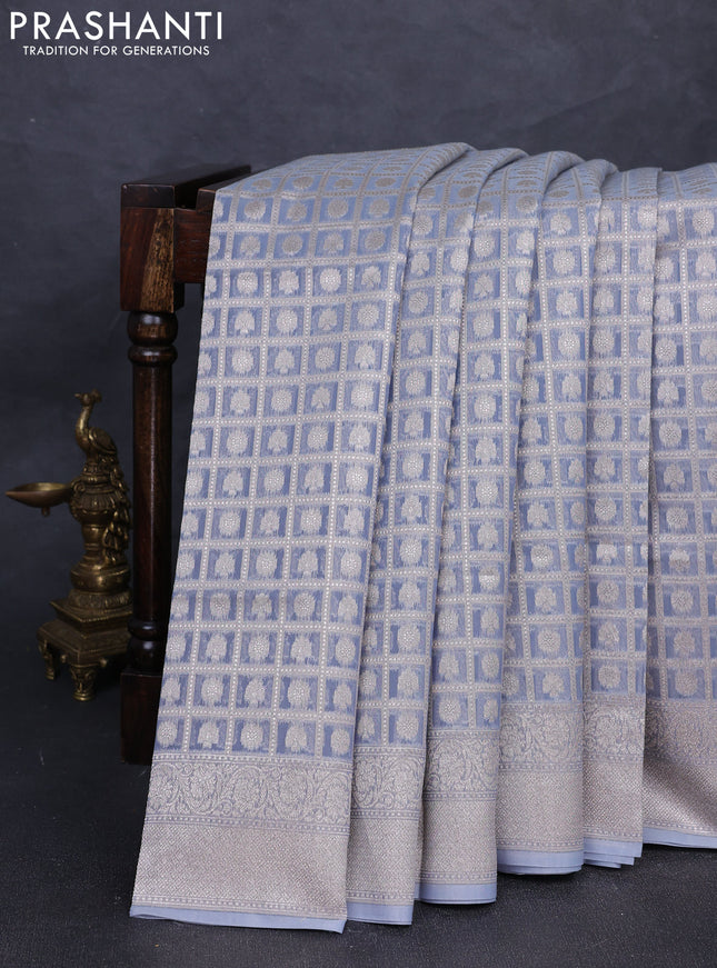 Banarasi silk cotton saree grey with allover thread & zari checks & buttas and thread & zari woven border