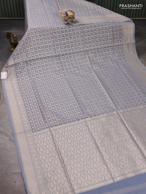 Banarasi silk cotton saree grey with allover thread & zari checks & buttas and thread & zari woven border