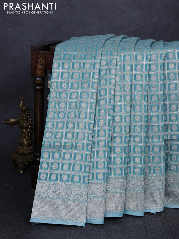 Banarasi silk cotton saree teal blue with allover thread & zari checks & buttas and thread & zari woven border