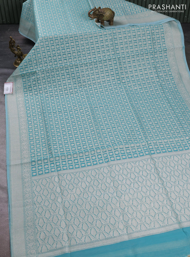 Banarasi silk cotton saree teal blue with allover thread & zari checks & buttas and thread & zari woven border