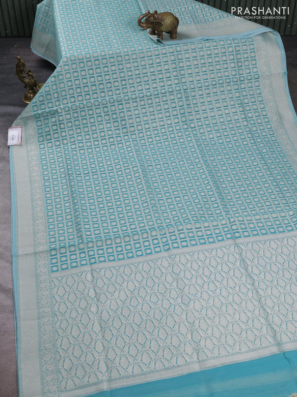 Banarasi silk cotton saree teal blue with allover thread & zari checks & buttas and thread & zari woven border
