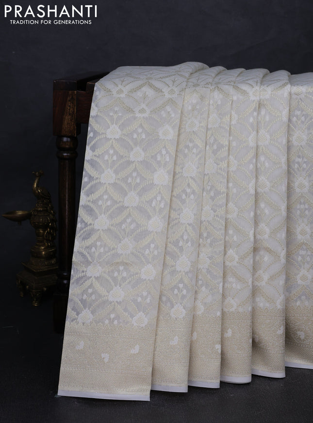 Banarasi silk cotton saree off white with allover thread & zari woven brocade weaves and thread & zari woven border