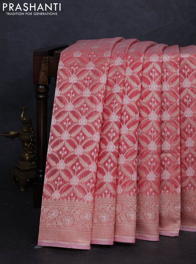Banarasi silk cotton saree peach pink with allover thread & zari woven brocade weaves and thread & zari woven border