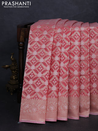 Banarasi silk cotton saree peach pink with allover thread & zari woven brocade weaves and thread & zari woven border