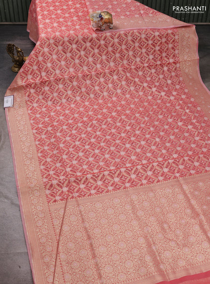 Banarasi silk cotton saree peach pink with allover thread & zari woven brocade weaves and thread & zari woven border