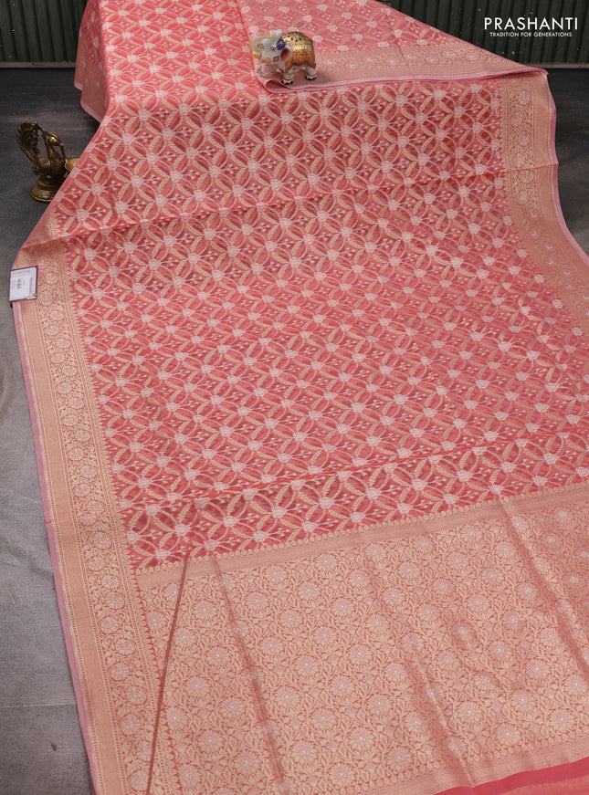 Banarasi silk cotton saree peach pink with allover thread & zari woven brocade weaves and thread & zari woven border