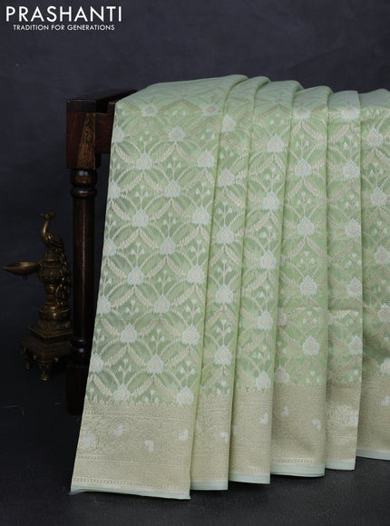Banarasi silk cotton saree mild pista green with allover thread & zari woven brocade weaves and thread & zari woven border