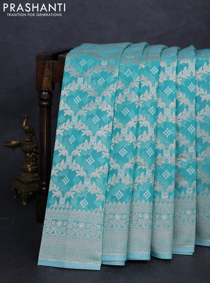 Banarasi silk cotton saree teal green with allover thread & zari woven brocade weaves and thread & zari woven border