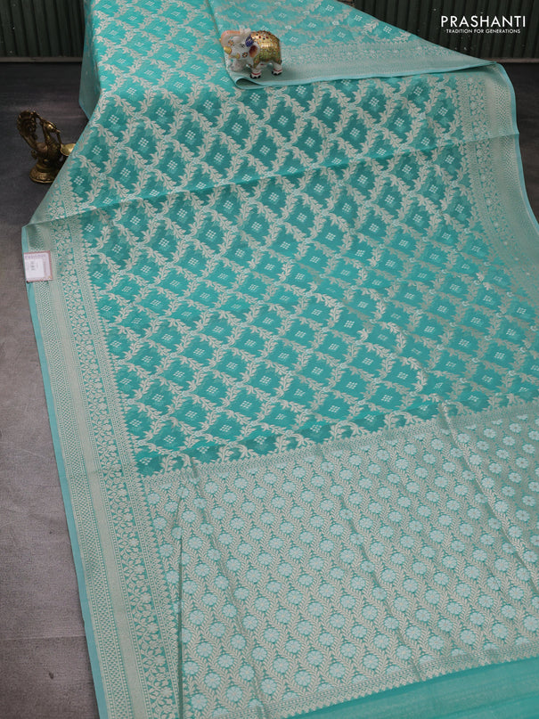 Banarasi silk cotton saree teal green with allover thread & zari woven brocade weaves and thread & zari woven border