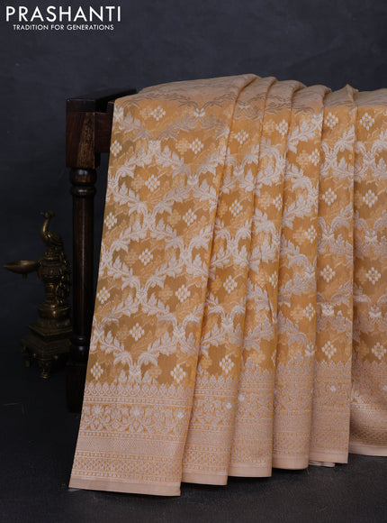 Banarasi silk cotton saree sandal with allover thread & zari woven brocade weaves and thread & zari woven border