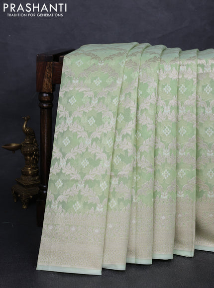 Banarasi silk cotton saree mild pista green with allover thread & zari woven brocade weaves and thread & zari woven border