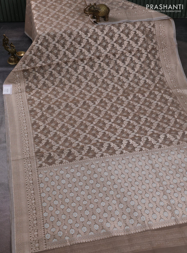 Banarasi silk cotton saree grey with allover thread & zari woven brocade weaves and thread & zari woven border