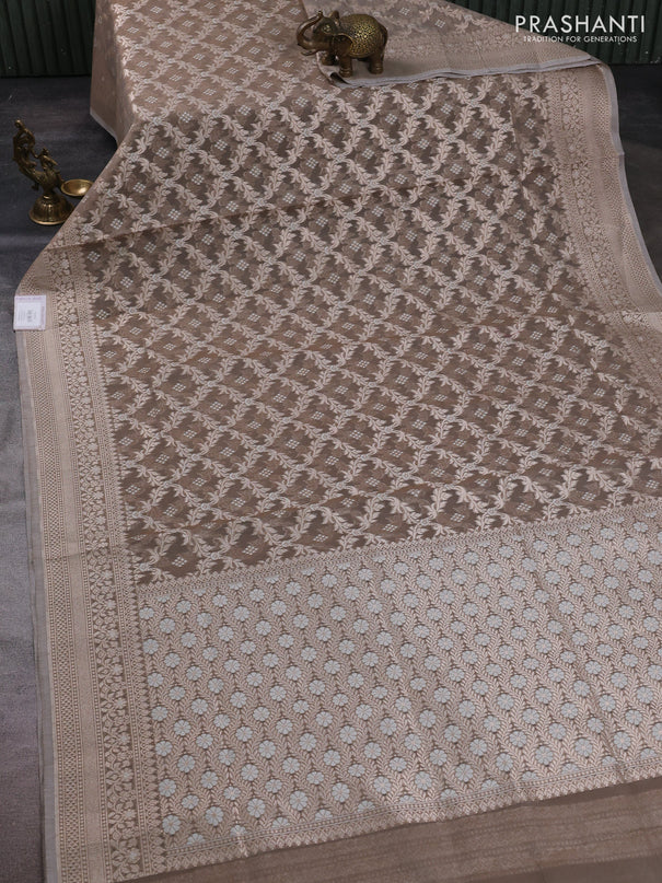 Banarasi silk cotton saree grey with allover thread & zari woven brocade weaves and thread & zari woven border