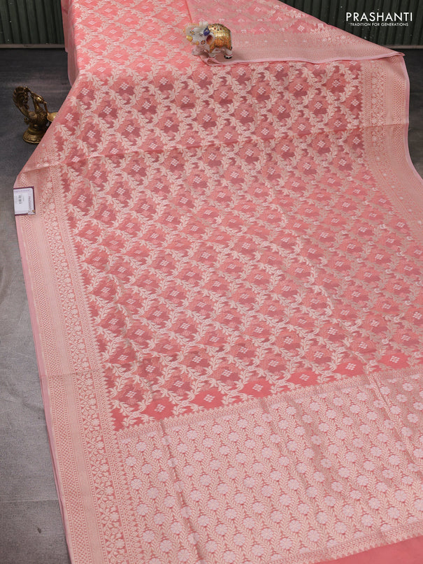 Banarasi silk cotton saree peach shade with allover thread & zari woven brocade weaves and thread & zari woven border