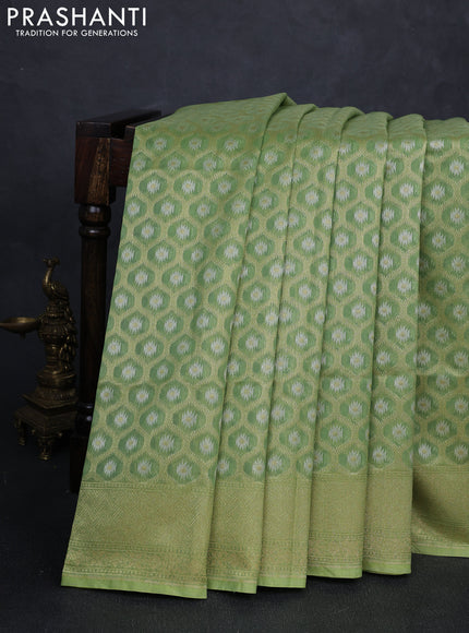 Banarasi silk cotton saree green with allover silver & gold zari brocade weaves and zari woven border