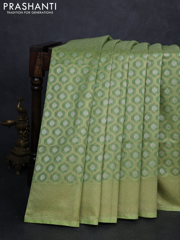 Banarasi silk cotton saree green with allover silver & gold zari brocade weaves and zari woven border