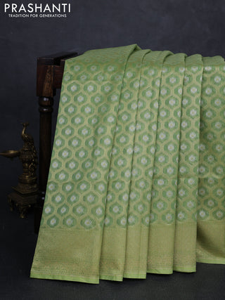Banarasi silk cotton saree green with allover silver & gold zari brocade weaves and zari woven border