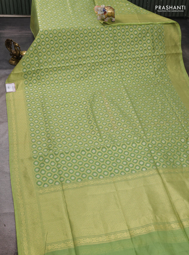 Banarasi silk cotton saree green with allover silver & gold zari brocade weaves and zari woven border
