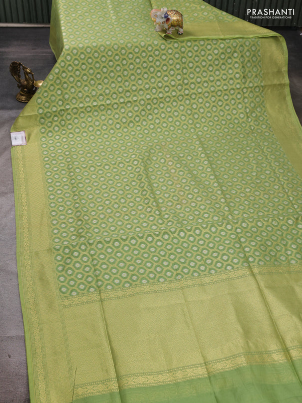 Banarasi silk cotton saree green with allover silver & gold zari brocade weaves and zari woven border