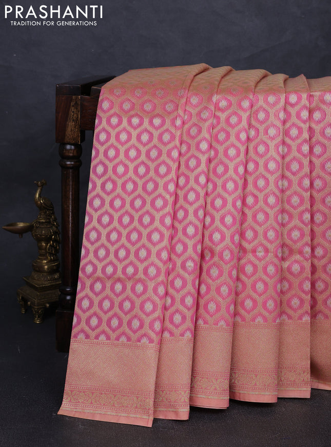 Banarasi silk cotton saree peach pink with allover silver & gold zari brocade weaves and zari woven border