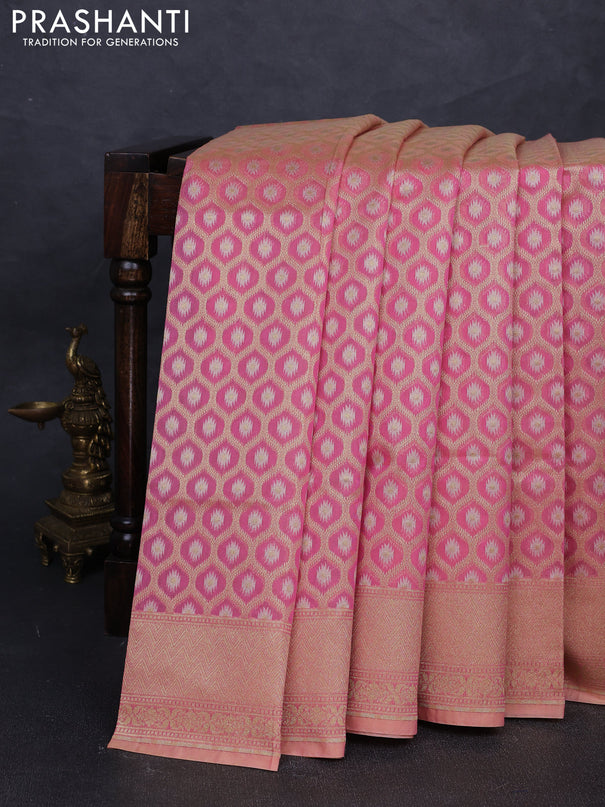 Banarasi silk cotton saree peach pink with allover silver & gold zari brocade weaves and zari woven border