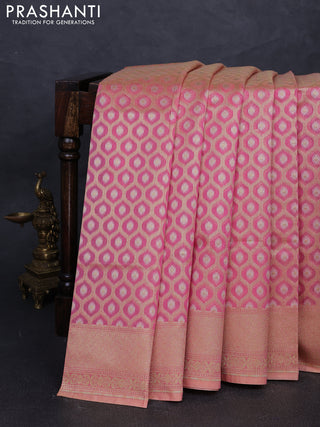 Banarasi silk cotton saree peach pink with allover silver & gold zari brocade weaves and zari woven border