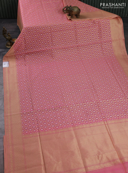 Banarasi silk cotton saree peach pink with allover silver & gold zari brocade weaves and zari woven border