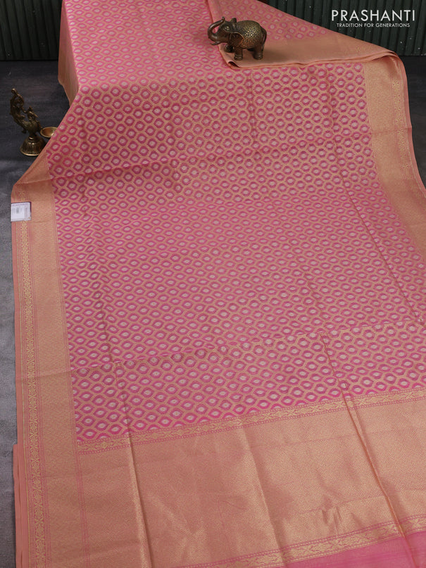 Banarasi silk cotton saree peach pink with allover silver & gold zari brocade weaves and zari woven border