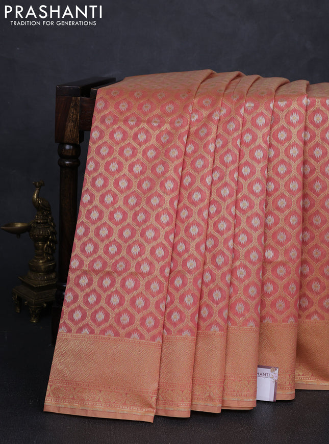 Banarasi silk cotton saree peach shade with allover silver & gold zari brocade weaves and zari woven border