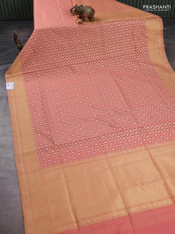 Banarasi silk cotton saree peach shade with allover silver & gold zari brocade weaves and zari woven border