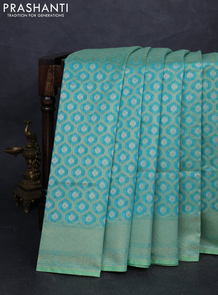 Banarasi silk cotton saree teal green with allover silver & gold zari brocade weaves and zari woven border