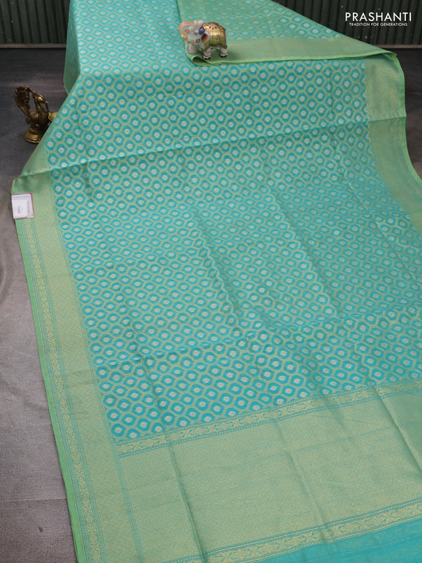 Banarasi silk cotton saree teal green with allover silver & gold zari brocade weaves and zari woven border