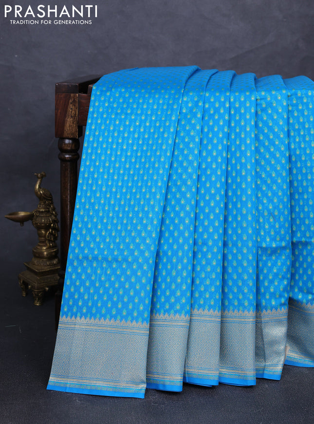 Banarasi silk cotton saree cs blue with allover thread & zari woven buttas and temple design zari woven border
